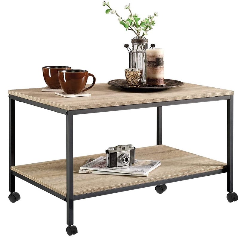 STAR WORK Coffee Table with Metal Frame with Wheels2Tier Tea Table with Storage ShelfCocktail Table TV Stand Side End Table 32 x 19 x 17 inches LxWxHCoffee Table - Image 1