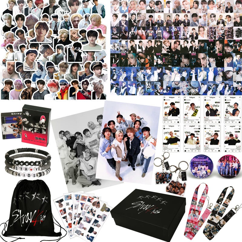 Japior Stray Kids Gifts Set, Including 110 Photocards, 180 Stickers, 1 Drawstring Bag Backpack, 24 Lomo Cards, 3 Design Bracelet, 2 Adhesive Posters, 2 Lanyards, 2 Pins and Keychain SKZ's Fans Merchandise - Image 1