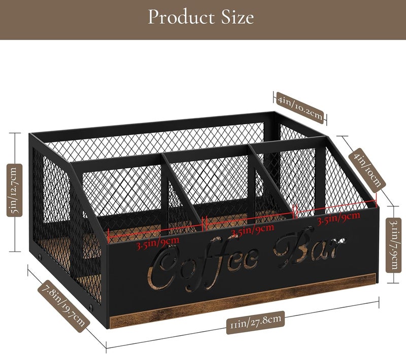 BCOZLUX Coffee Station Organizer, Rustic Brown Wooden Countertop Coffee Bar Accessories Organizer with Metal Mesh Compartments for Pods, Syrup, Cups, Stirrer, Tea - Image 2
