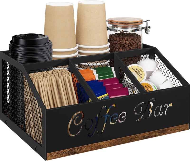 BCOZLUX Coffee Station Organizer, Rustic Brown Wooden Countertop Coffee Bar Accessories Organizer with Metal Mesh Compartments for Pods, Syrup, Cups, Stirrer, Tea - Image 1