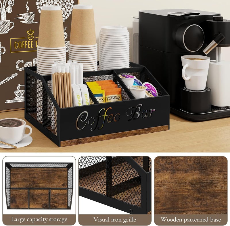 BCOZLUX Coffee Station Organizer, Rustic Brown Wooden Countertop Coffee Bar Accessories Organizer with Metal Mesh Compartments for Pods, Syrup, Cups, Stirrer, Tea - Image 3