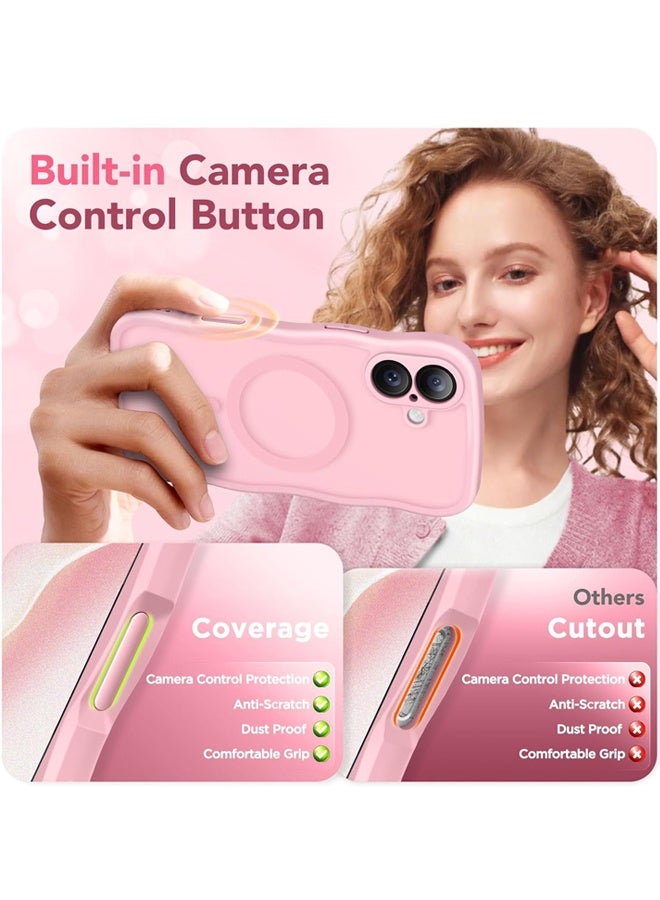 Compatible for iPhone 16 Case for Women Girls, Upgraded [Full Camera Protection] [Compatible with MagSafe] Cute Wave Translucent Matte Phone Case for iPhone 16, Peach Pink - Image 4