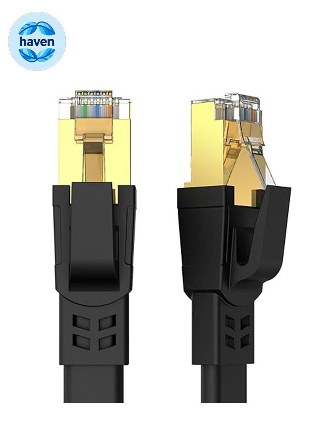HAVEN CAT8 Ethernet Cable 10M, Flat High Speed 40Gbps 2000MHz Heavy Duty LAN Network Cable, Gold Plated RJ45 Connector, Shielded Indoor & Outdoor Weatherproof Cord for Modem Router Switch Gaming PC Smart TV Xbox PS4 PS5 - Black - Image 1
