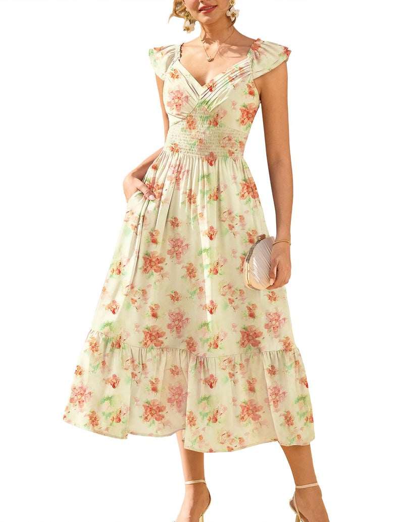 GRACE KARIN Women's Summer Floral Maxi Dress 2026 Ruffle Sleeve Smocked Sundress Flowy Wedding Guest Long Dresses Yellow Floral M - Image 1
