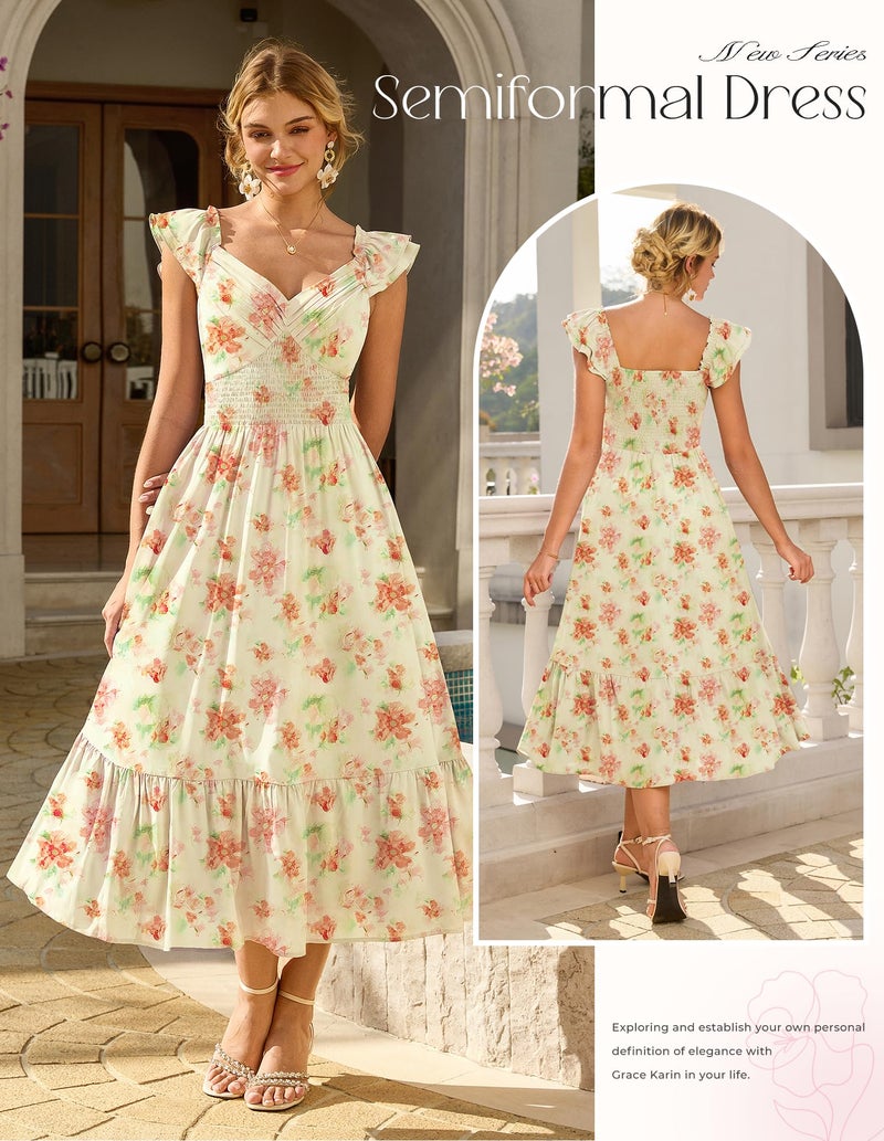 GRACE KARIN Women's Summer Floral Maxi Dress 2026 Ruffle Sleeve Smocked Sundress Flowy Wedding Guest Long Dresses Yellow Floral M - Image 5