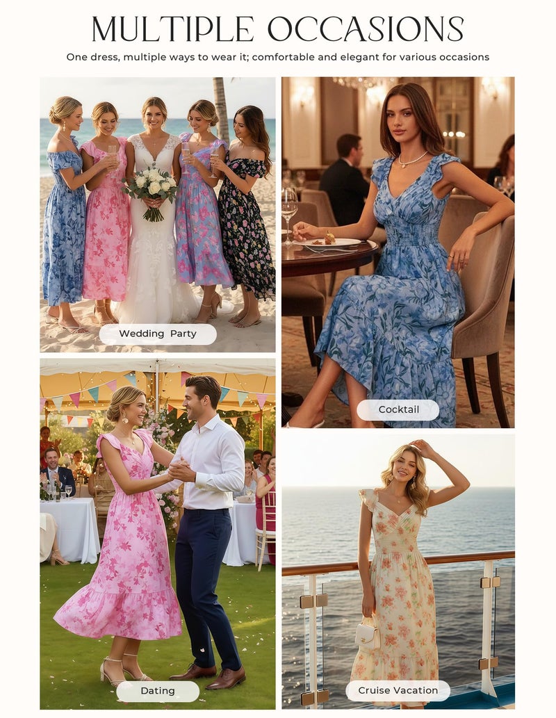 GRACE KARIN Women's Summer Floral Maxi Dress 2026 Ruffle Sleeve Smocked Sundress Flowy Wedding Guest Long Dresses Yellow Floral M - Image 3