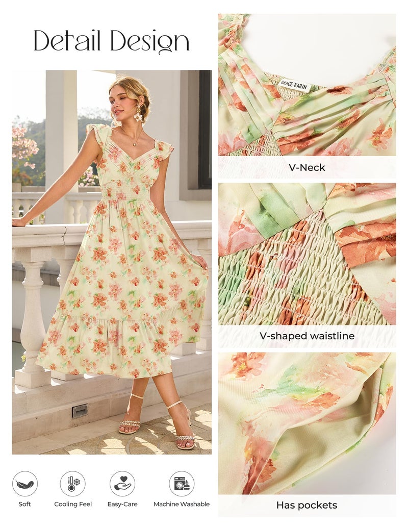GRACE KARIN Women's Summer Floral Maxi Dress 2026 Ruffle Sleeve Smocked Sundress Flowy Wedding Guest Long Dresses Yellow Floral M - Image 2