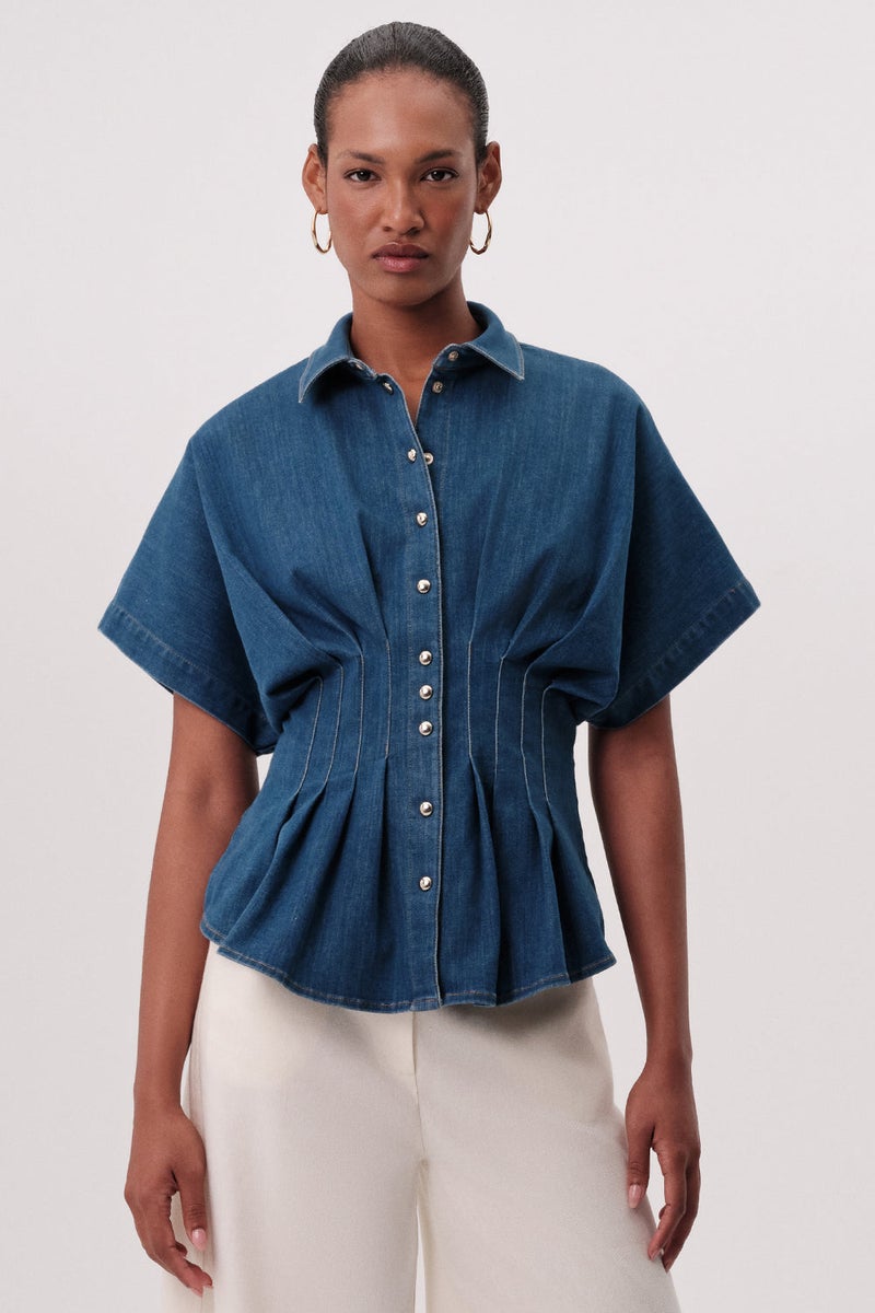 EXQUISE Shirt Collar Short Sleeved Pleated Regular Denim Blue Shirt - Image 1