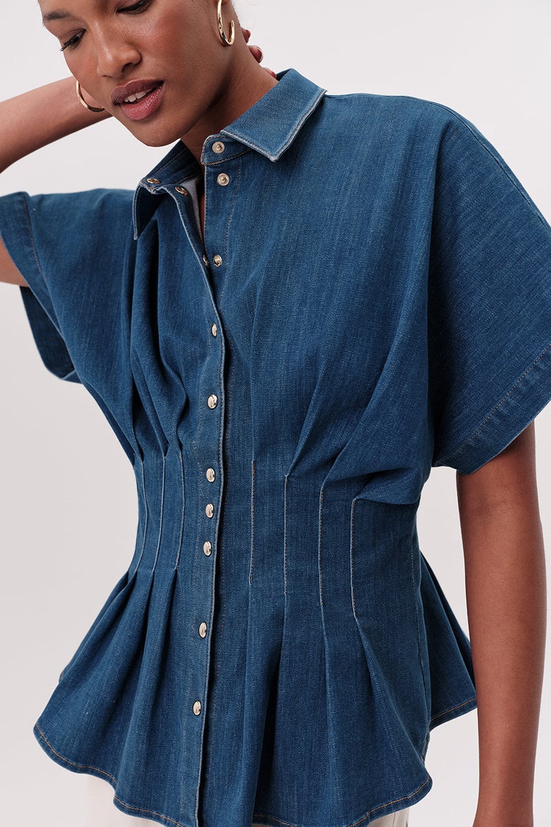 EXQUISE Shirt Collar Short Sleeved Pleated Regular Denim Blue Shirt - Image 5