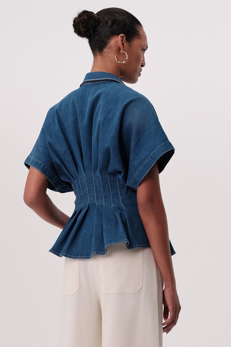 EXQUISE Shirt Collar Short Sleeved Pleated Regular Denim Blue Shirt - Image 3
