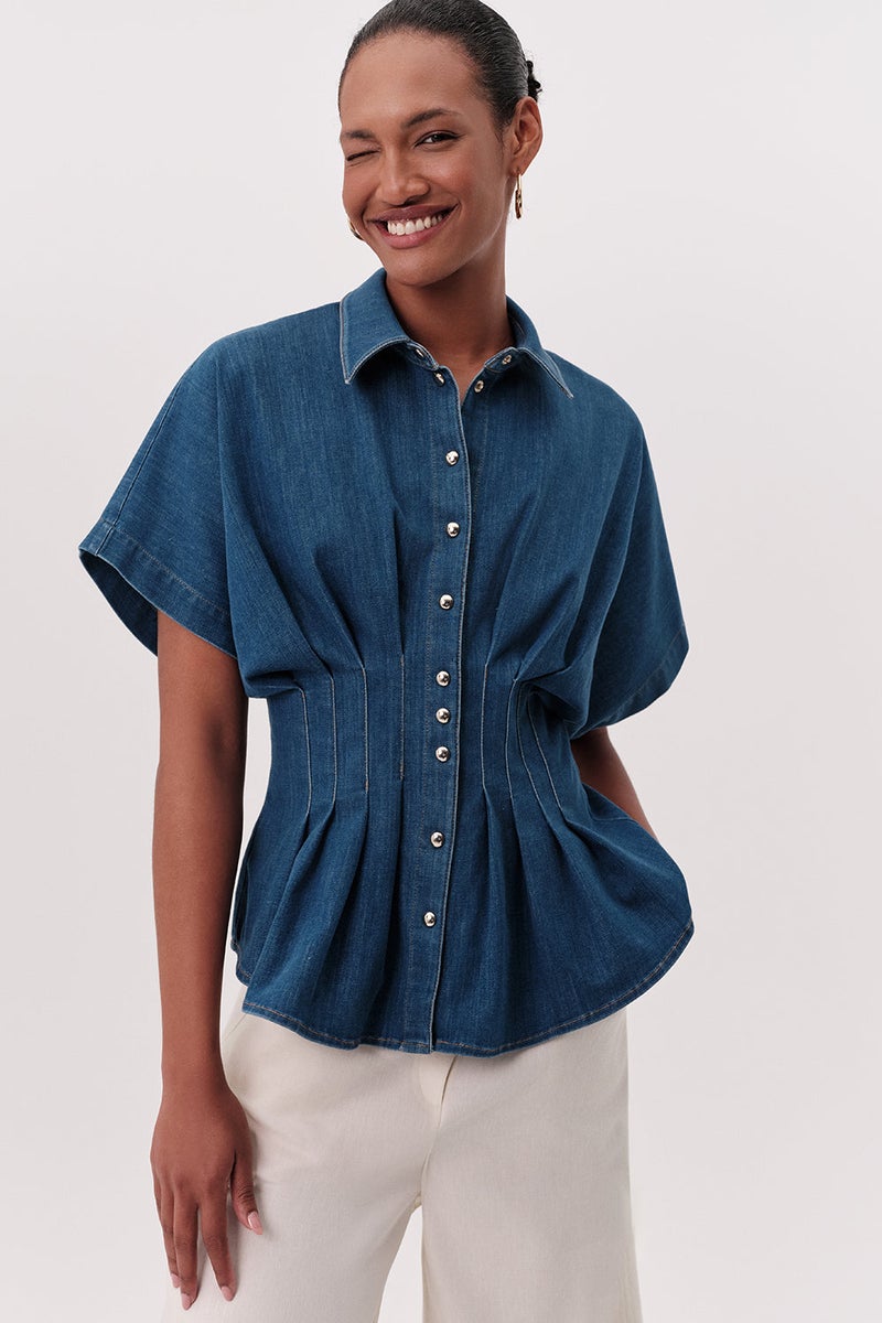 EXQUISE Shirt Collar Short Sleeved Pleated Regular Denim Blue Shirt - Image 4