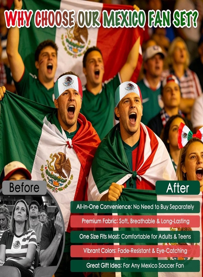 Achoulei 2026 Soccer Fan Gift Set, Mexico Flag Patriotic Accessories Bundle Includes Flag, Cape, Headband, Scarf, Hair Hoop, Drawstring Bag for World Cup, Sports Events, Party, Parade (Mexico) - Image 3