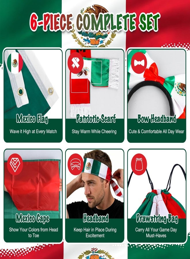 Achoulei 2026 Soccer Fan Gift Set, Mexico Flag Patriotic Accessories Bundle Includes Flag, Cape, Headband, Scarf, Hair Hoop, Drawstring Bag for World Cup, Sports Events, Party, Parade (Mexico) - Image 5