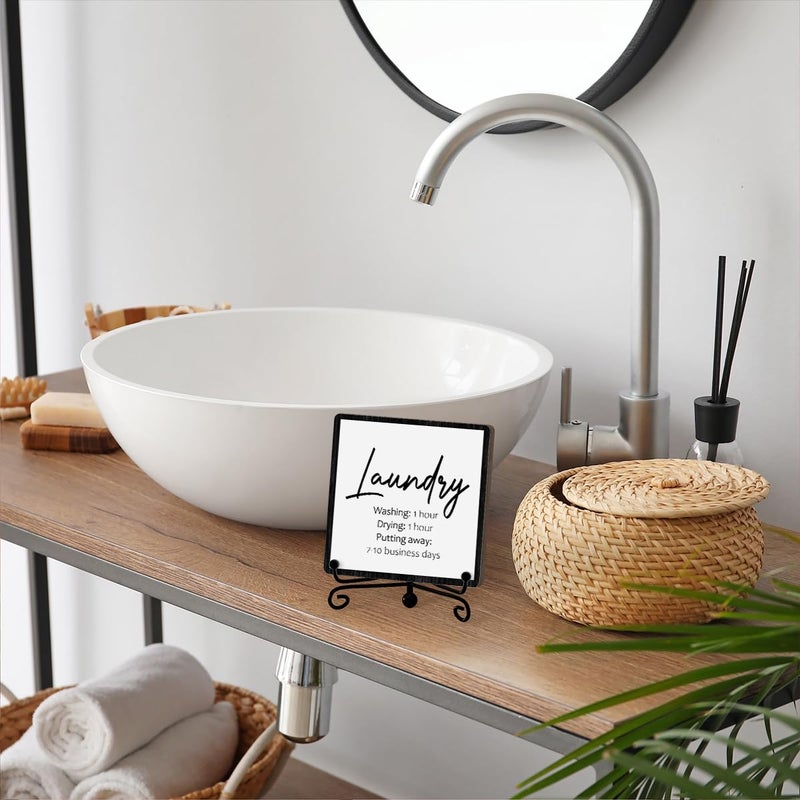 JUSITAKEET Laundry Room Desk Decor, Laundry Sign, Desk Decorations For Laundry Room, Farmhouse Funny Laundry Shelf Decor, Rustic Wooden Plaque With Stand (C07) - Image 3