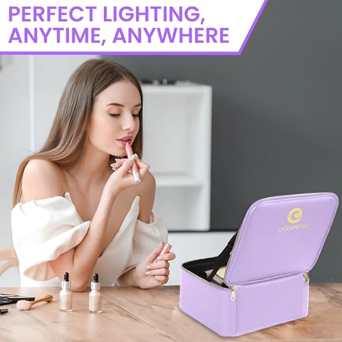 OCEANEVO Small Cosmetic Organizer Bag with Rechargeable LED Mirror & Makeup Sponge – 3 LED Brightness Modes, Adjustable Dividers, and Compact Vanity Box – 26 x 23 x 11 cm – Purple PU - Image 5