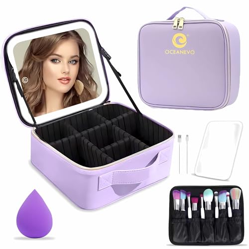 OCEANEVO Small Cosmetic Organizer Bag with Rechargeable LED Mirror & Makeup Sponge – 3 LED Brightness Modes, Adjustable Dividers, and Compact Vanity Box – 26 x 23 x 11 cm – Purple PU - Image 1