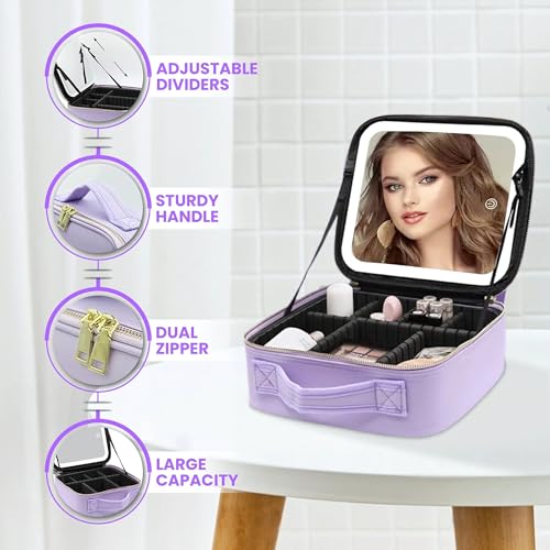 OCEANEVO Small Cosmetic Organizer Bag with Rechargeable LED Mirror & Makeup Sponge – 3 LED Brightness Modes, Adjustable Dividers, and Compact Vanity Box – 26 x 23 x 11 cm – Purple PU - Image 3