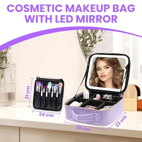 OCEANEVO Small Cosmetic Organizer Bag with Rechargeable LED Mirror & Makeup Sponge – 3 LED Brightness Modes, Adjustable Dividers, and Compact Vanity Box – 26 x 23 x 11 cm – Purple PU - Image 2