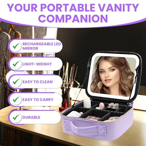 OCEANEVO Small Cosmetic Organizer Bag with Rechargeable LED Mirror & Makeup Sponge – 3 LED Brightness Modes, Adjustable Dividers, and Compact Vanity Box – 26 x 23 x 11 cm – Purple PU - Image 4
