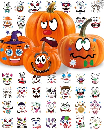 Aowplc Pumpkin Decorating Stickers Kit 48 Different Fun Faces Large Halloween Stickers for Crafts Party Favors and Treats - Image 1