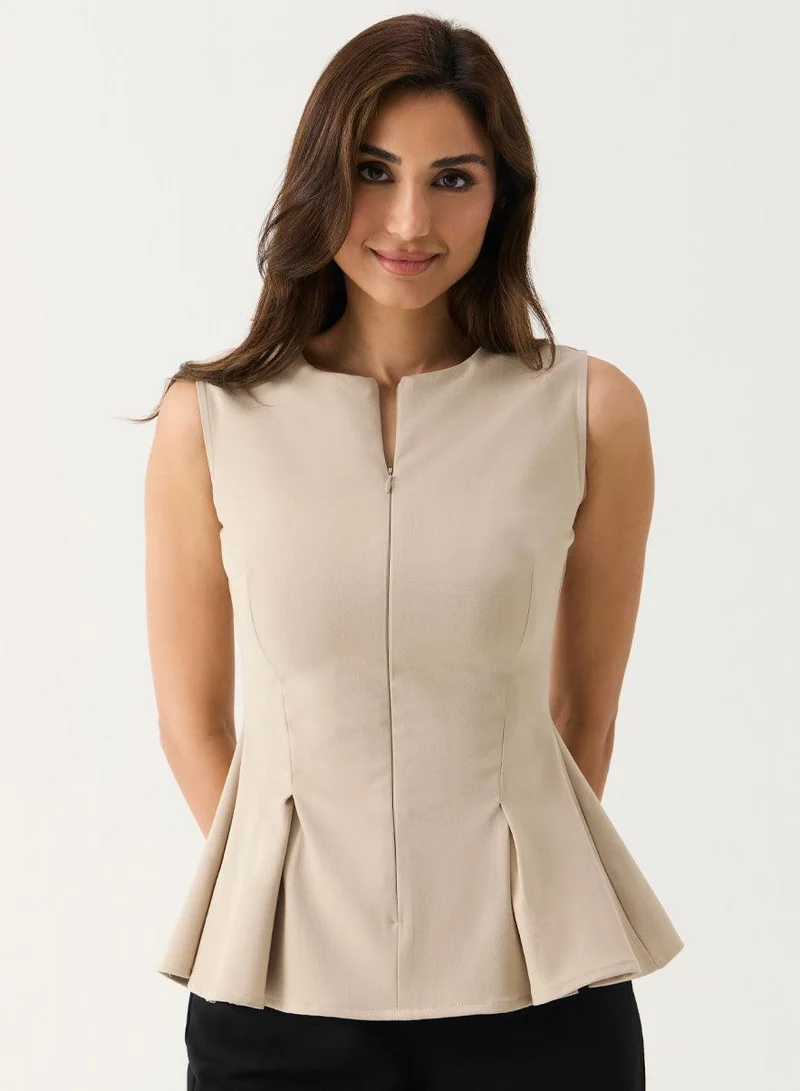 Zigzag  Front Open Sleeveless Top - Beige for Women | Best Price UAE
