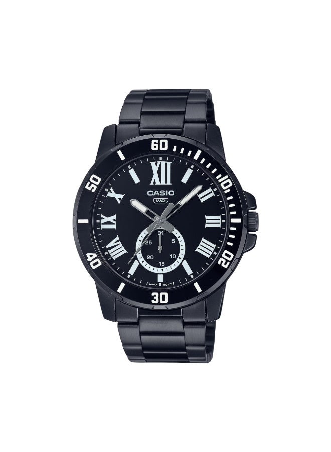 كاسيو ساعة كاسيو رجالية ستانلس ستيل باللون الأسود MTP-VD200B-1BUDF – ميناء أسود مع إطار دوّار وعرض للتاريخ ومقاومة للماء - Image 1