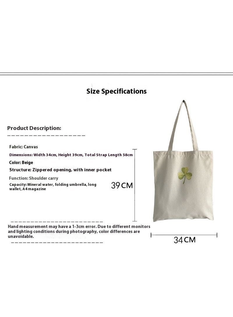 Clover مطرزة قماش Tote حقيبة - كبيرة السعة حقيبة اليد السحابة، متعددة الاستخدامات البيج حقيبة الكتف للنقل اليومي والتسوق - Image 3