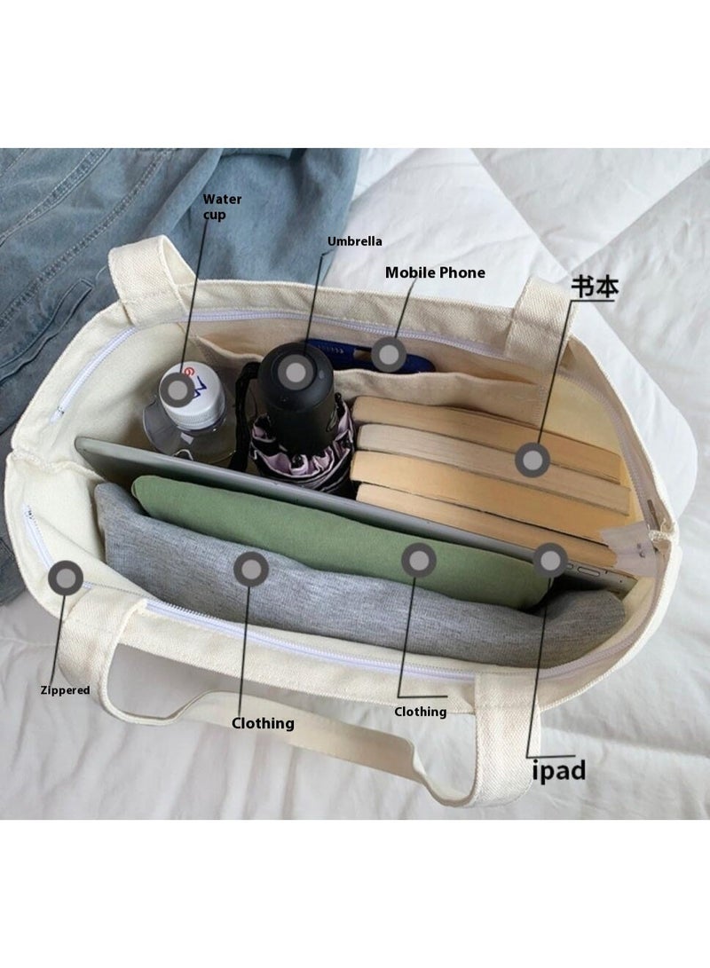 Clover مطرزة قماش Tote حقيبة - كبيرة السعة حقيبة اليد السحابة، متعددة الاستخدامات البيج حقيبة الكتف للنقل اليومي والتسوق - Image 2