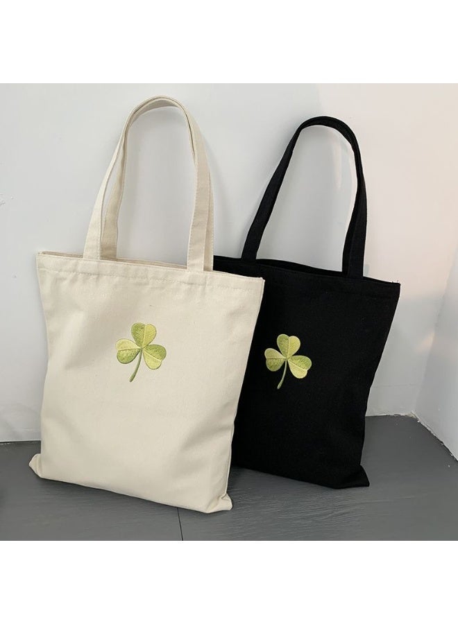 Clover مطرزة قماش Tote حقيبة - كبيرة السعة حقيبة اليد السحابة، متعددة الاستخدامات البيج حقيبة الكتف للنقل اليومي والتسوق - Image 5