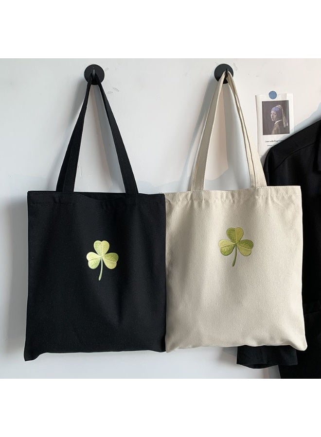 Clover مطرزة قماش Tote حقيبة - كبيرة السعة حقيبة اليد السحابة، متعددة الاستخدامات البيج حقيبة الكتف للنقل اليومي والتسوق - Image 4