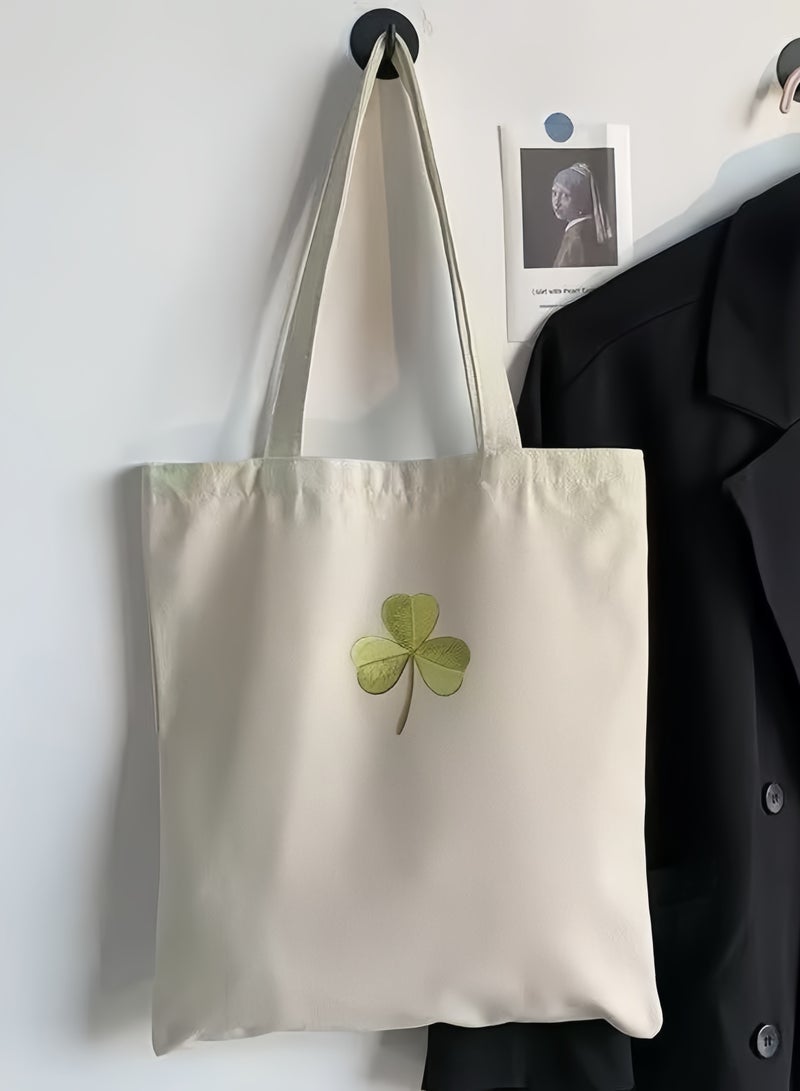 Clover مطرزة قماش Tote حقيبة - كبيرة السعة حقيبة اليد السحابة، متعددة الاستخدامات البيج حقيبة الكتف للنقل اليومي والتسوق - Image 1