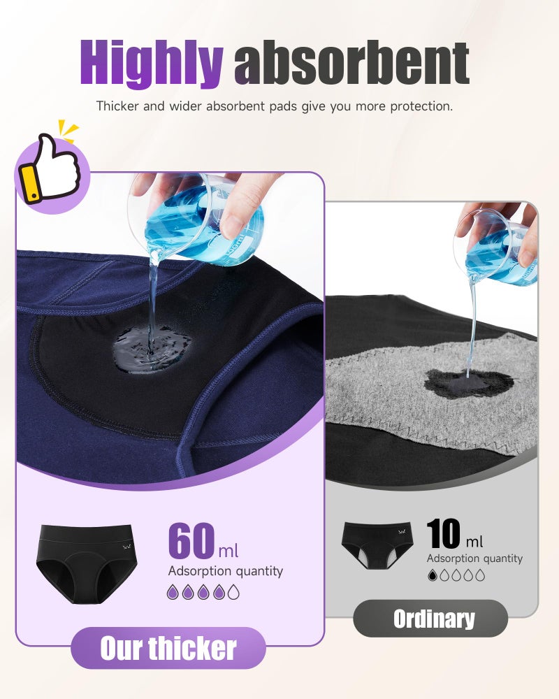 TANSTC Period Underwear Women Heavy Flow Leakproof Cotton Postpartum Teens 3 Pack Black Blue Grey M - Image 2