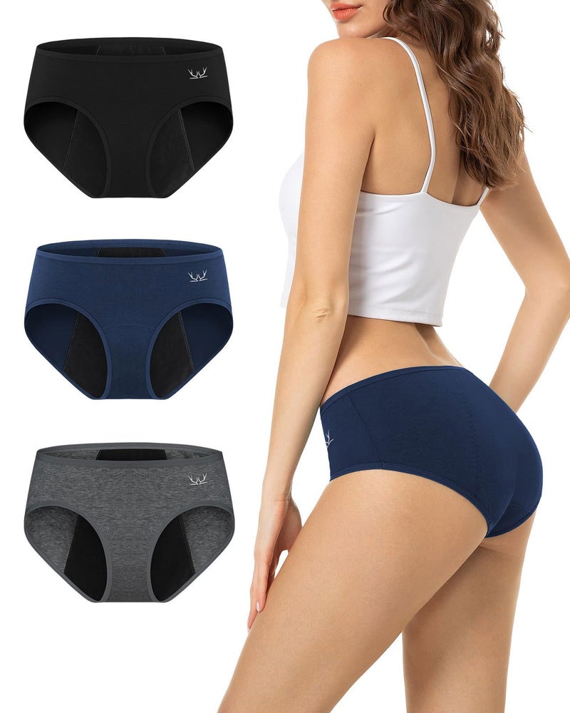 TANSTC Period Underwear Women Heavy Flow Leakproof Cotton Postpartum Teens 3 Pack Black Blue Grey M - Image 1