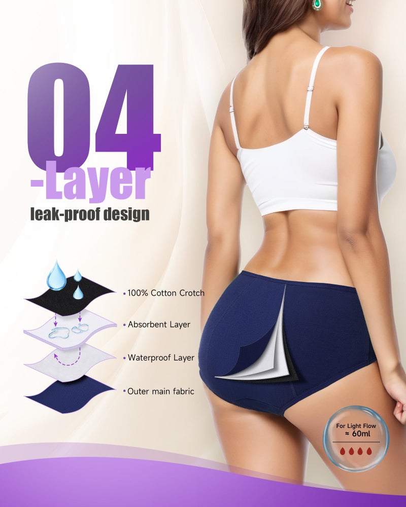 TANSTC Period Underwear Women Heavy Flow Leakproof Cotton Postpartum Teens 3 Pack Black Blue Grey M - Image 3