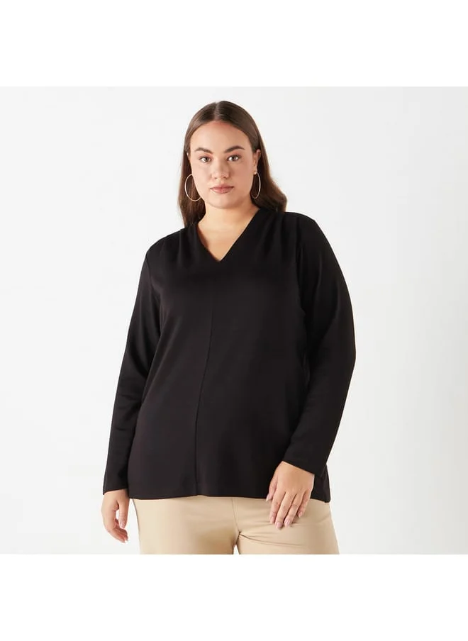 Ulla Popken Plus Size Ulla Popken Solid V-neck Top with Long Sleeves