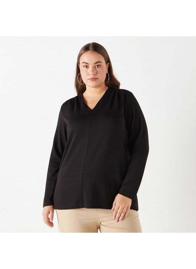 Ulla Popken Plus Size Ulla Popken Solid V-neck Top with Long Sleeves  - Image 1
