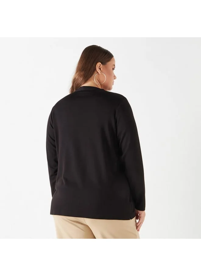 Ulla Popken Plus Size Ulla Popken Solid V-neck Top with Long Sleeves