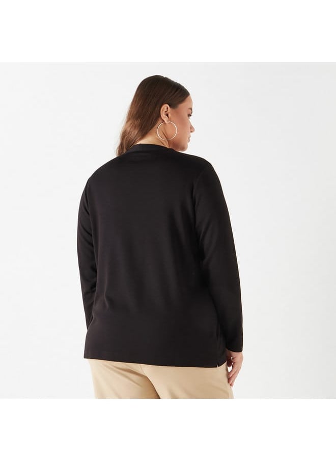 Ulla Popken Plus Size Ulla Popken Solid V-neck Top with Long Sleeves  - Image 3