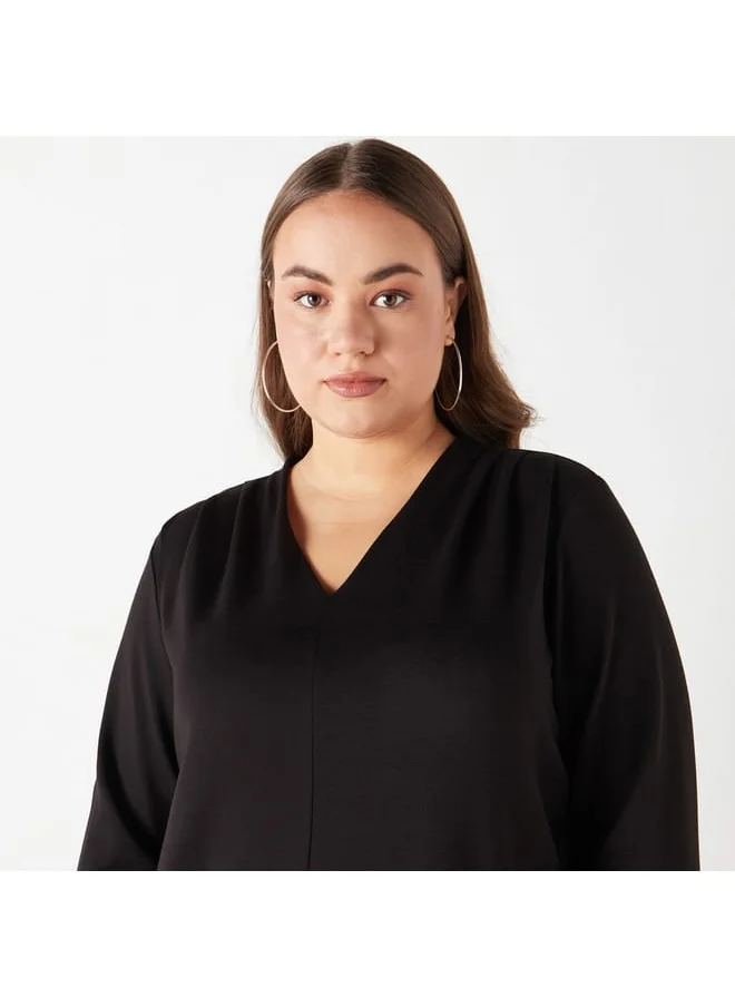 Ulla Popken Plus Size Ulla Popken Solid V-neck Top with Long Sleeves