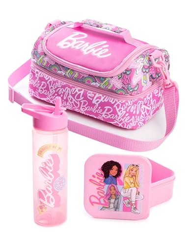 Barbie Girls Pink Lunch Bag with Bottle & Snack Pot | Stronger Together Zip-Up Carry Set | Adjustable Shoulder Strap - Image 1
