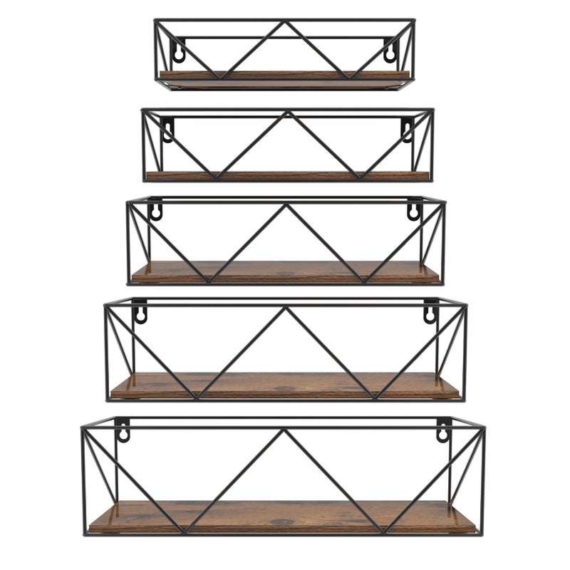 HORLIMER Wooden Shelves for Wall Set of 5 Floating Wall Shelf with Bars Rustic Wall mounted Shelves for Bedroom Kitchen Bathroom Living Room