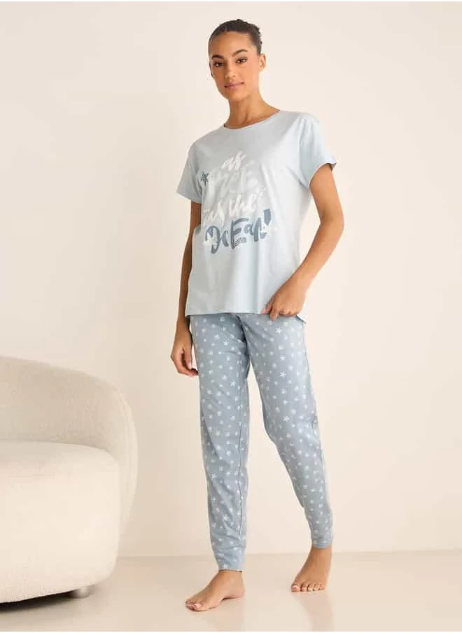 FAV Slogan Print Short Sleeves T-shirt and Pyjama Set