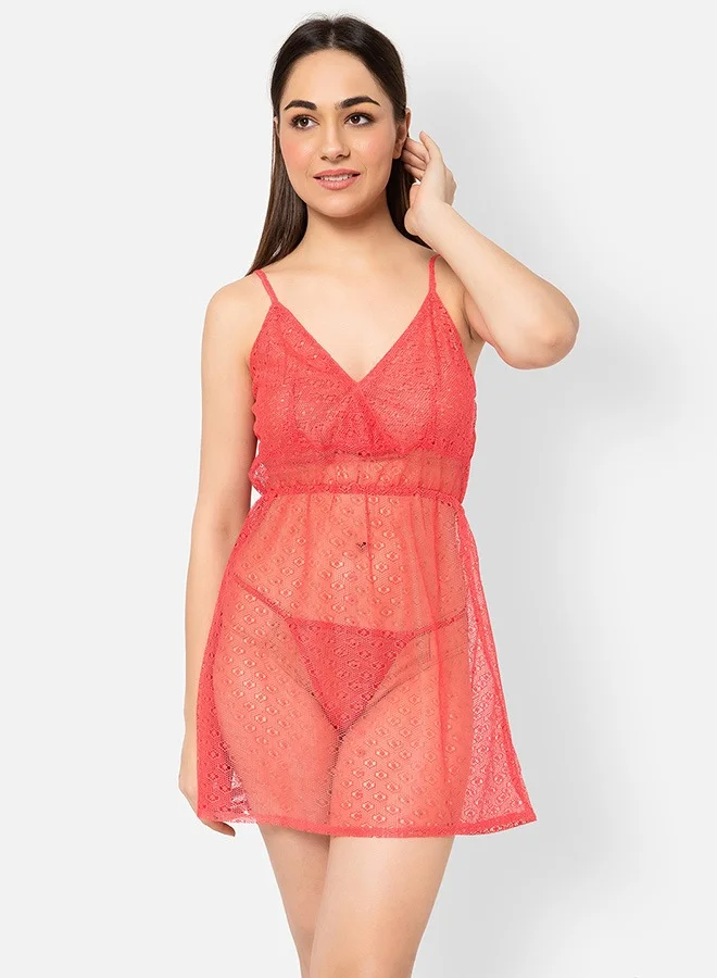 Clovia Clovia Sheer Padded Babydoll with Matching G-String in Peach Colour - Lace