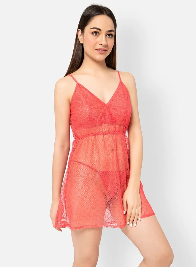 Clovia Clovia Sheer Padded Babydoll with Matching G-String in Peach Colour - Lace