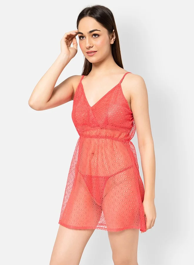 Clovia Clovia Sheer Padded Babydoll with Matching G-String in Peach Colour - Lace