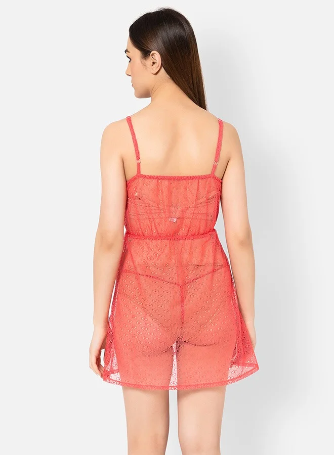 Clovia Clovia Sheer Padded Babydoll with Matching G-String in Peach Colour - Lace