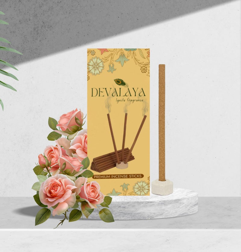 Devalaya Symphony Rose Dhoop Sticks (20 Sticks, Pack of 1), Bambooless Incense Sticks, Agarbatti for Pooja, 100% Charcoal-Free,4-inch Length, 25-Minute Burn Time with Ceramic Strand - Image 1