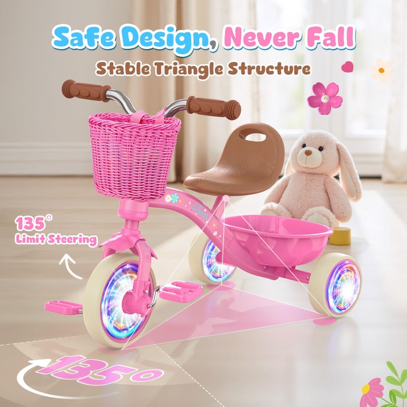 Kkdi Toddler Tricycle for 1-3 3-5 Year Olds, 2 3 4 5 Year Old Girl Birthday Gifts, Pink Toddler Baby Bike, Outdoor Riding Toys for Ages 2-4, 4-Level Adjustable Seat, 3 Color Light Wheels, 2 Baskets - Image 3