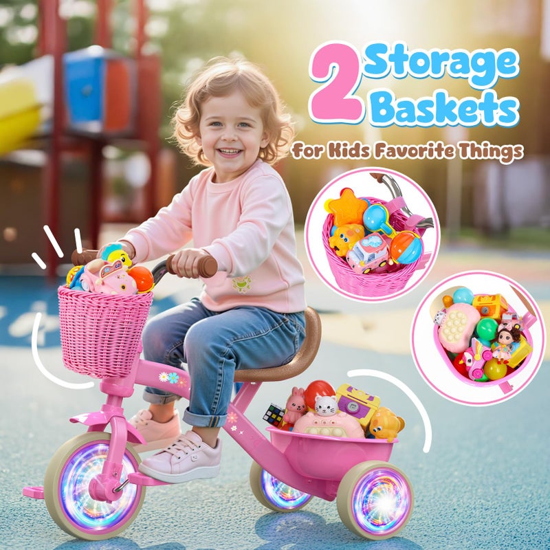 Kkdi Toddler Tricycle for 1-3 3-5 Year Olds, 2 3 4 5 Year Old Girl Birthday Gifts, Pink Toddler Baby Bike, Outdoor Riding Toys for Ages 2-4, 4-Level Adjustable Seat, 3 Color Light Wheels, 2 Baskets - Image 5