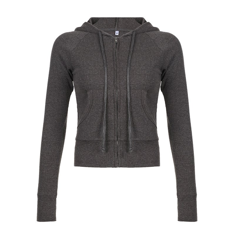 Casual Gray Hooded Zipper Sweatshirt for Women Gray  - Image 1